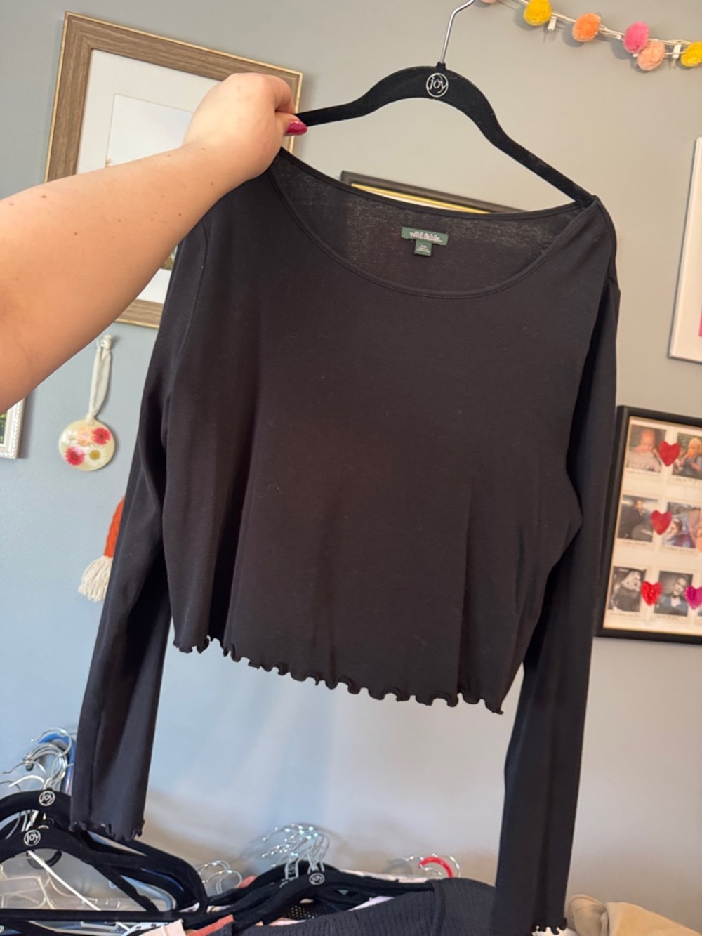 wild fable Black Long-Sleeve Lettuce Edge Crop Top